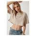 Happiness İstanbul Women's Beige 100% Cotton Oversize Crop Knitted T-Shirt