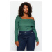 Trendyol Curve Emerald Green Asymmetrical Collar Plain Basic Wrap Knitted Blouse