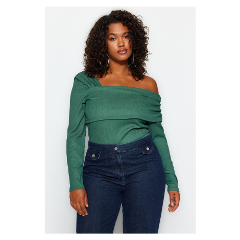 Trendyol Curve Emerald Green Asymmetrical Collar Plain Basic Wrap Knitted Blouse