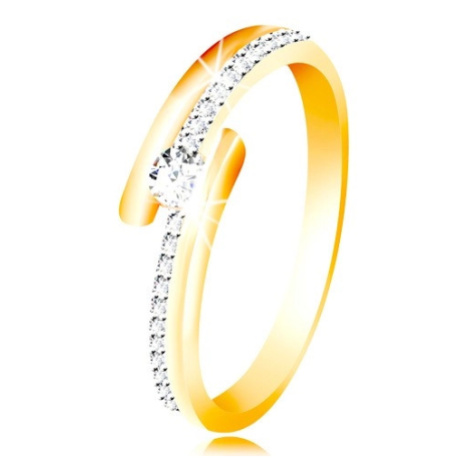 Zlatý prsteň 585 - rozdvojené ramená s kombináciou bieleho zlata, vystúpený okrúhly zirkón čírej