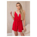 Women's Short Jumpsuit with Decorative Lace - Red