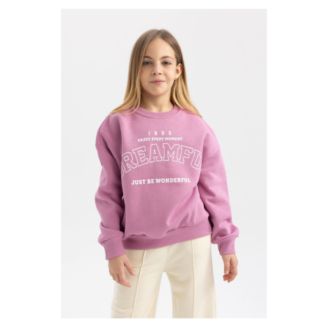 DEFACTO Girl's Printed Crew Neck Thick Sweatshirt with Soft Furry Inside