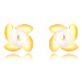 Zlaté 9K náušnice - zrkadlovolesklý kvietok so štyrmi lupienkami, biela perla