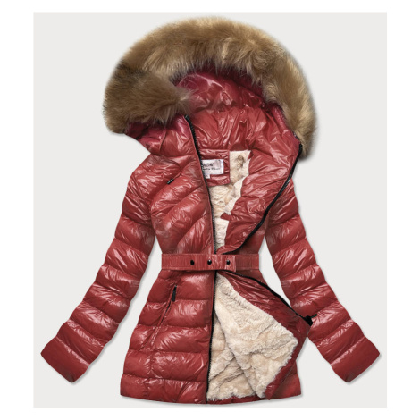 Lesklá zimná bunda vo vínovej bordovej farbe s machovitou kožušinou (W674) MHM