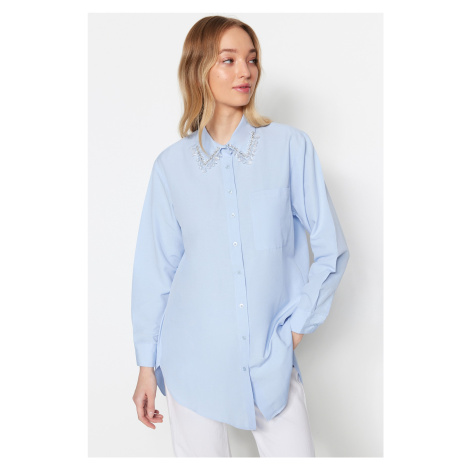 Trendyol modrá košeľa z tkané bavlny s detailom príslušenstva