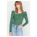 Trendyol Emerald Green Asymmetric Collar Draped Fitted/Situated Crepe Knitted Bodysuit