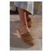 NİŞANTAŞI SHOES Best Taba Knitted Belt Detail Flat Sole Women's Slippers