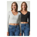 Happiness İstanbul Women's Gray Black V Neck 2 Pack Crop Knitted Blouse