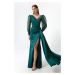 Lafaba Women's Emerald Green, Double Breasted Collar, Glittery Long Satin Evening Dress.