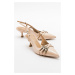 LuviShoes WOSS Beige Patent Leather Belt Detail Women's Heeled Shoes