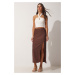 Happiness İstanbul Women's Brown Wrap Pencil Knitted Skirt with Deep Slits
