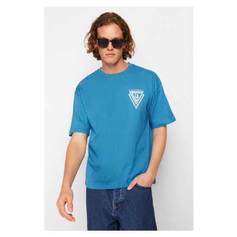 Trendyol Blue Oversize/Wide Cut Crew Neck City Printed 100% Cotton T-Shirt