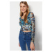 Trendyol Blue Patterned Fitted Crop Tulle Stretch Knitted Blouse