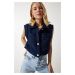 Happiness İstanbul Women's Navy Blue Stylish Buttoned Patterned Crop Tweed Vest