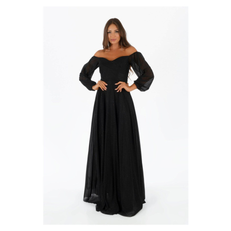 Carmen Black Glittery Collar Long Sleeve Engagement Dress
