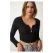 Happiness İstanbul Women's Black Zippered Ribbed Crop Blouse