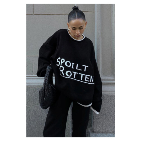 Madmext Black Letter Printed Oversized Crew Neck Women's Sweater