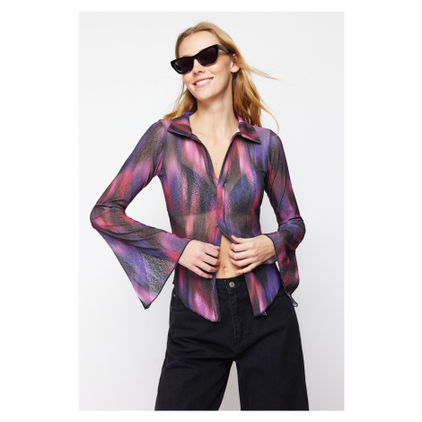 Trendyol Purple Special Textured Fitted/Fitted Printed Shirt Collar Stretch Knitted Blouse