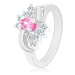Trblietavý prsteň so striebornou farbou a s ružovým oválom, číre zirkóniky, oblúky - Veľkosť: 62