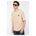 Trendyol Beige Oversize Compass Label 100% Cotton T-Shirt