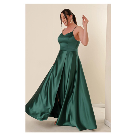 By Saygı Emerald Plus Size Long Satin Dress With Thread Straps and a Slit in the Front