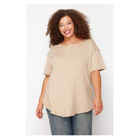 Trendyol Curve Beige Button Detailed Boyfriend Knitted T-shirt