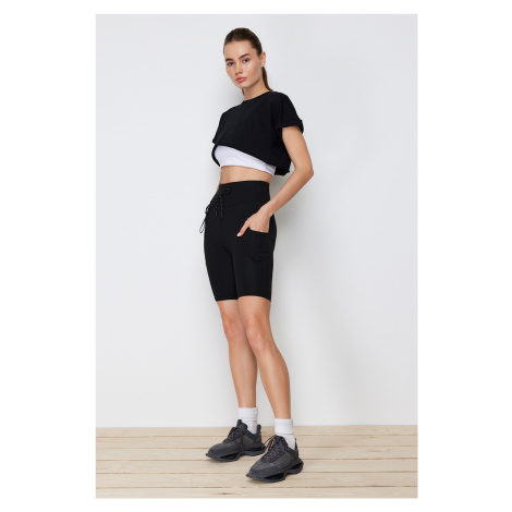 Trendyol Black Shaping Knitted Sports Shorts Tights with Tie on Waist and Pocket Detail