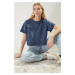 Trendyol Indigo 100% Cotton Faded Effect Printed Crop Crew Neck Knitted T-Shirt