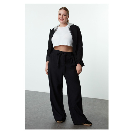 Trendyol Curve Black Elastic Elastic Waist Belted Wide Leg Woven Plus Size Trousers