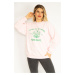 Şans Women's Plus Size Pink 3-Thread Collar Fleece Embroidered Sweatshirt