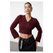 Trendyol Claret Red Crop Soft Textured Double Breasted Knitwear Sweater