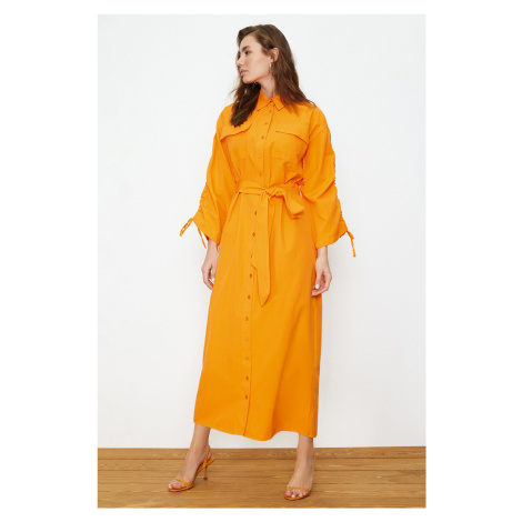 Trendyol Orange Belted Adjustable Detailed Detailed Cotton Woven Shirt Dress