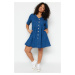 Trendyol Curve Blue Open Waist/Skater V-Neck Denim Dress