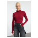 Trendyol Burgundy Fitted Turtleneck Finger Detailed Ribbed Stretchy Knitted Blouse