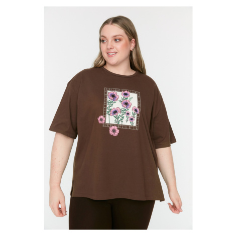 Trendyol Curve Brown Printed Knitted T-Shirt