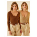 Happiness İstanbul Women's Brown Biscuit V Neck 2-Pack Knitted Blouse