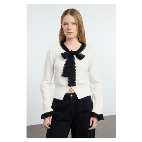 Trendyol Ecru Garni Detailed Color Block Knitwear Cardigan