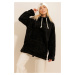 Trend Alaçatı Stili Women's Black High Neck Kangaroo Pocket Plush Sweatshirt