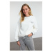 Trendyol Ecru Slogan Embroidered Color Block Oversize Thick Polar Fleece Knitted Sweatshirt