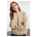 Trendyol Mink Slogan Embroidered Oversize/Wide Fit Thick Inside Fleece Knitted Sweatshirt