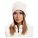 Beige hat with wide ribbing and fur pompom