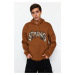 Trendyol Light Brown Oversize/Wide-Cut Fleece Embroidered Text Sweatshirt