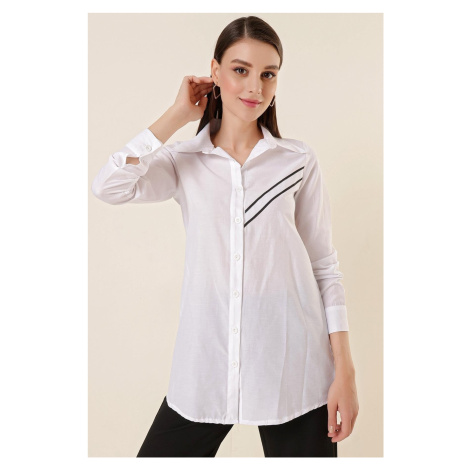 By Saygı White Tunic Shirt with Bias Stripes on One Side