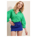 Trend Alaçatı Stili Women's Green Balloon Sleeve Basic Poplin Shirt with Concealed Pop-up