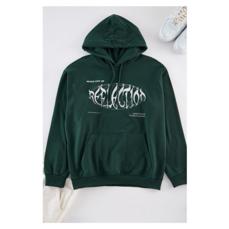 Trendyol Green Oversize/Wide Cut Front Embroidered Printed Inside Polar Fleece Hooded Sweatshirt