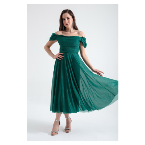 Lafaba Women's Emerald Green Boat Neck Draped Midi Flared Evening Dress