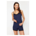 Trendyol Navy Blue Lace and Ribbon/Bow Detailed Rope Strap Ribbed Knitted Pajama Set