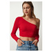 Happiness İstanbul Women's Red Single Sleeve Ribbed Crop Knitted Blouse