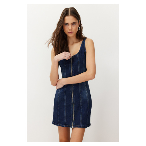 Trendyol Blue Stitch Detail Fitted Mini Denim Dress