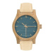 Dámske drevené hodinky s koženým remienkom v béžovo-modrej farbe